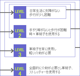 LEVEL1 日常生活に支障がない、歩行が少し困難
LEVEL2 手すり等がないと歩行が困難、時々車椅子を使用する
LEVEL3 車椅子を常に使用し、軽い介助が必要
LEVEL4 全面的に介助が必要とし車椅子、ストレッチャーを使用する